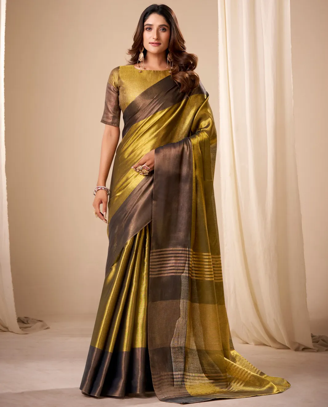 Gold and Brown Tissue Soft Silk Handloom Saree