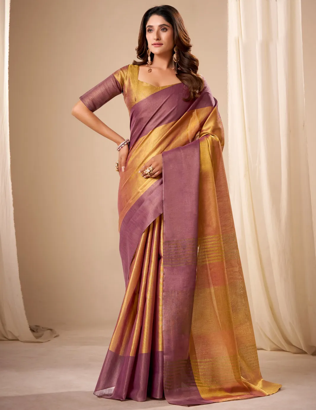 Mustard and Peach Tissue Soft Silk Handloom Saree