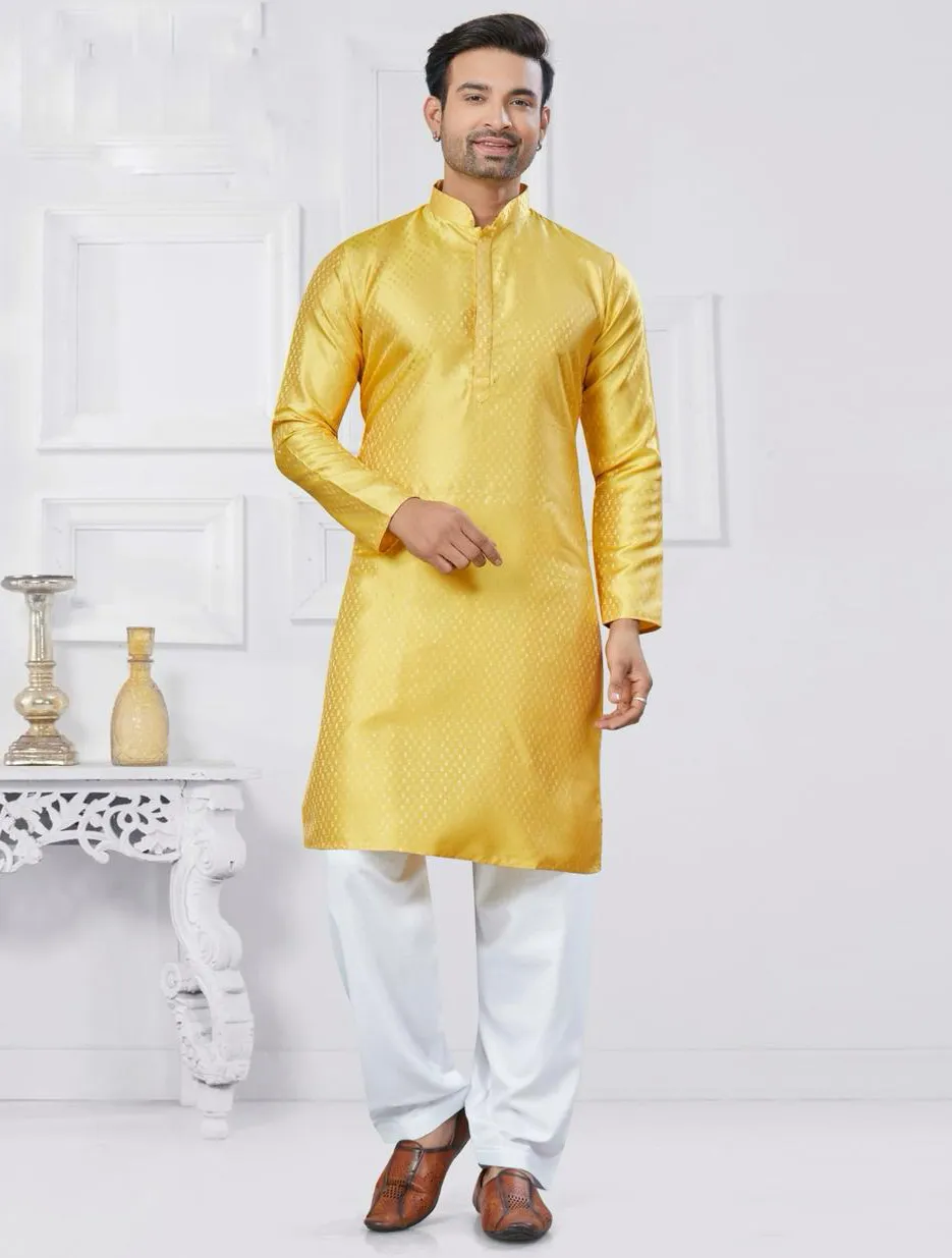 Yellow Silk Jacquard Work Men's Kurta Set