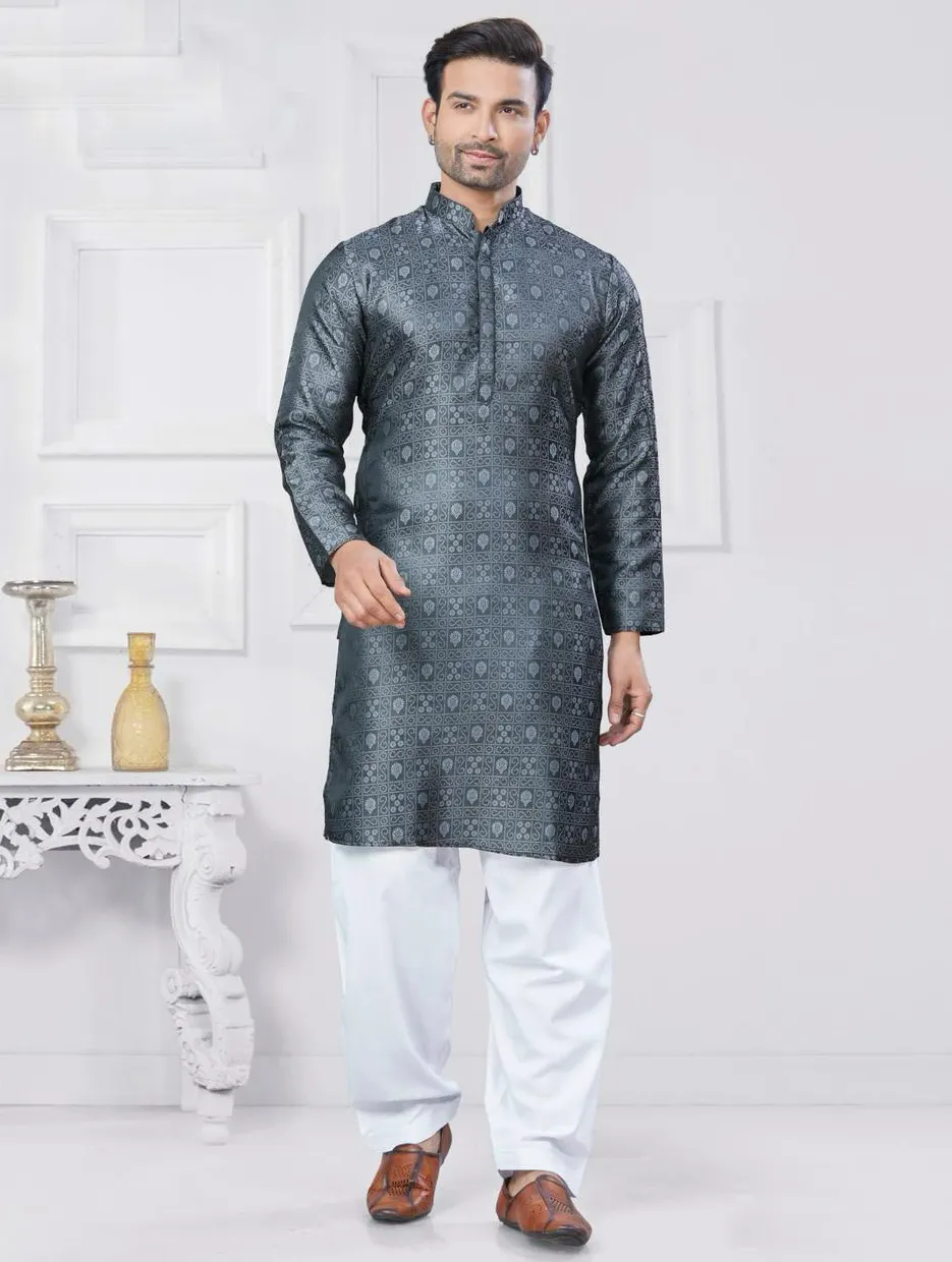Grey Silk Jacquard Work Mens Kurta Set