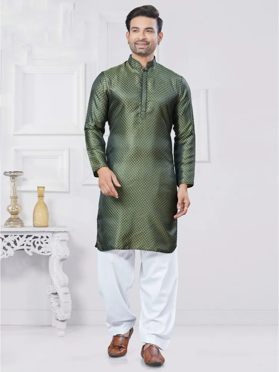 Olive Green Silk Jacquard Work Mens Kurta Set