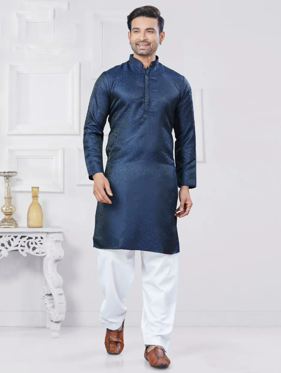 Blue Silk Jacquard Work Men's Kurta Set
