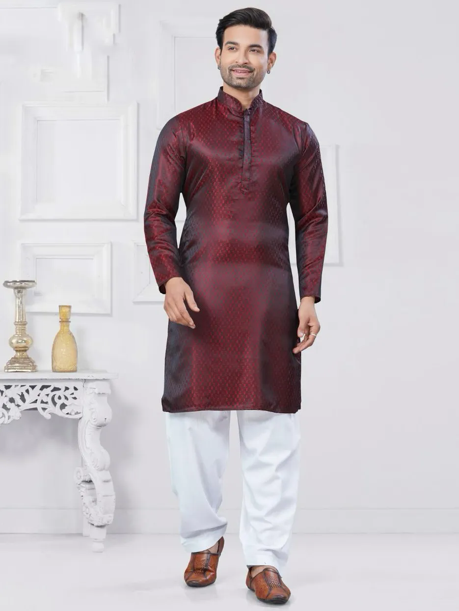 Maroon Silk Jacquard Work Men's Kurta Set