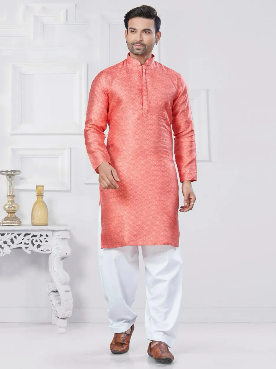 Peach Silk Jacquard Work Mens Kurta Set