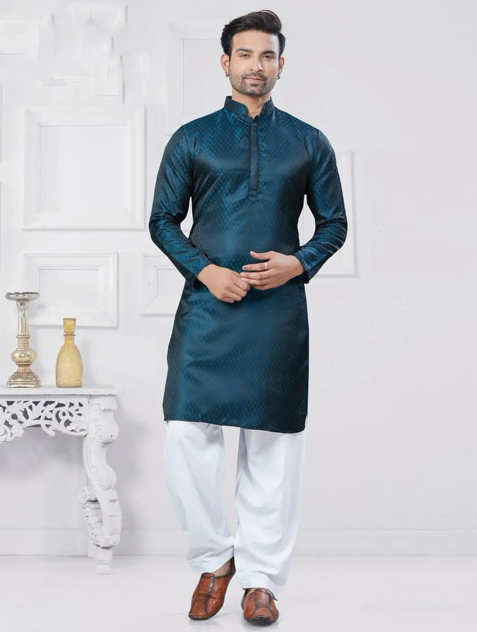 Teal Blue Silk Jacquard Work Mens Kurta Set