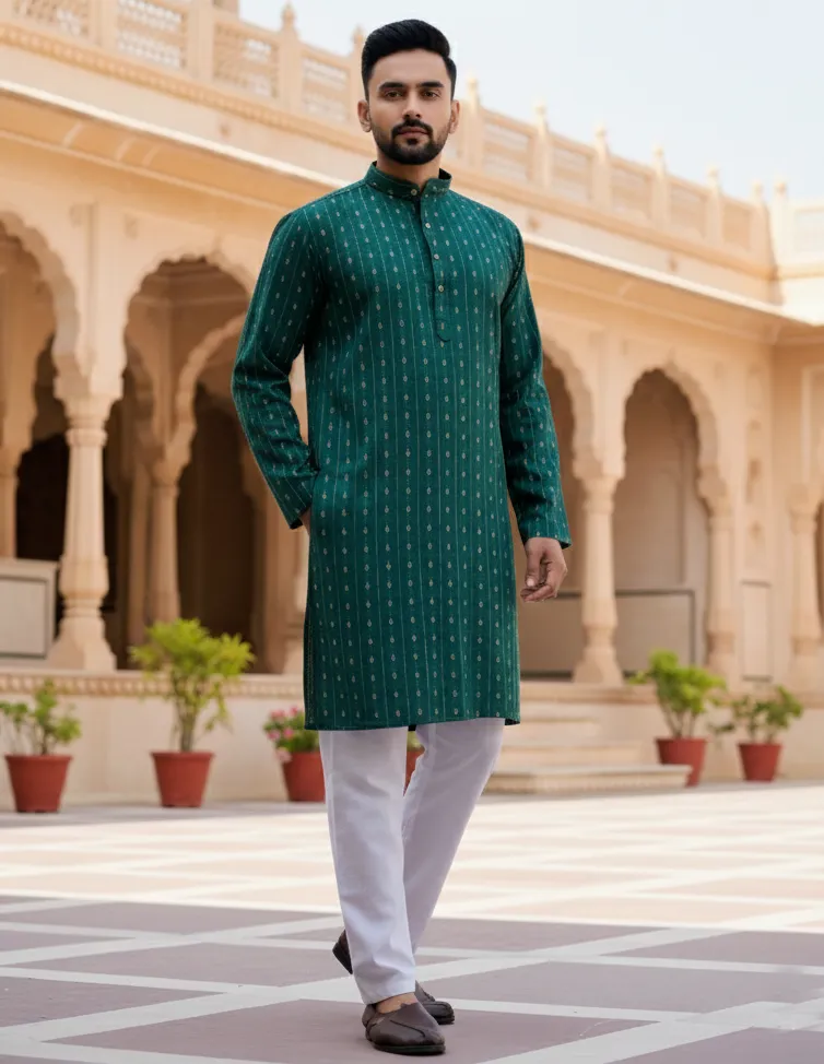 Green Cotton Jacquard Self Pattern Men's Kurta Set