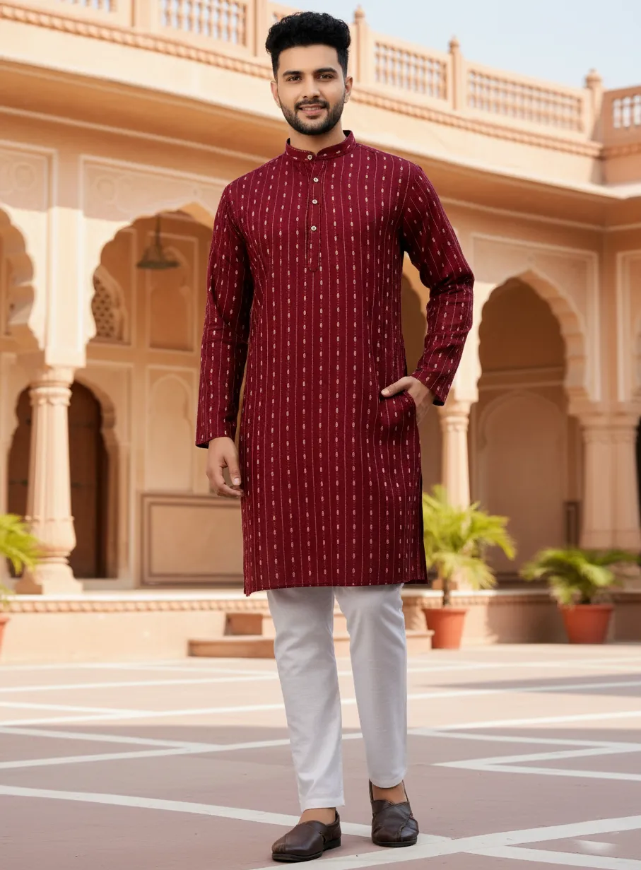 Red Cotton Jacquard Self Pattern Men's Kurta Set