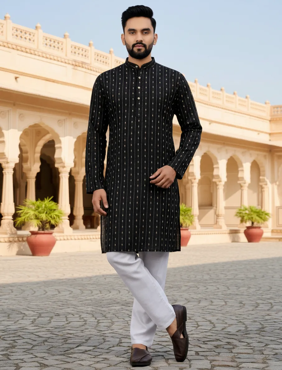Black Cotton Jacquard Self Pattern Men's Kurta Set