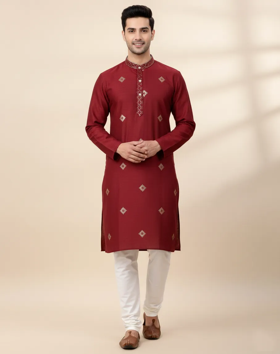 Red Silk Sequins Embroidered Men's Kurta Set