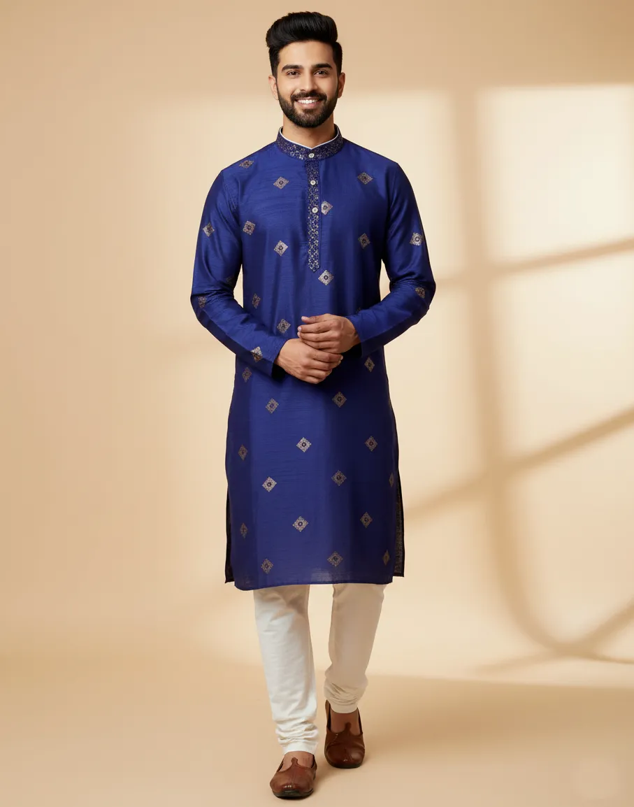Blue Silk Sequins Embroidered Men's Kurta Set