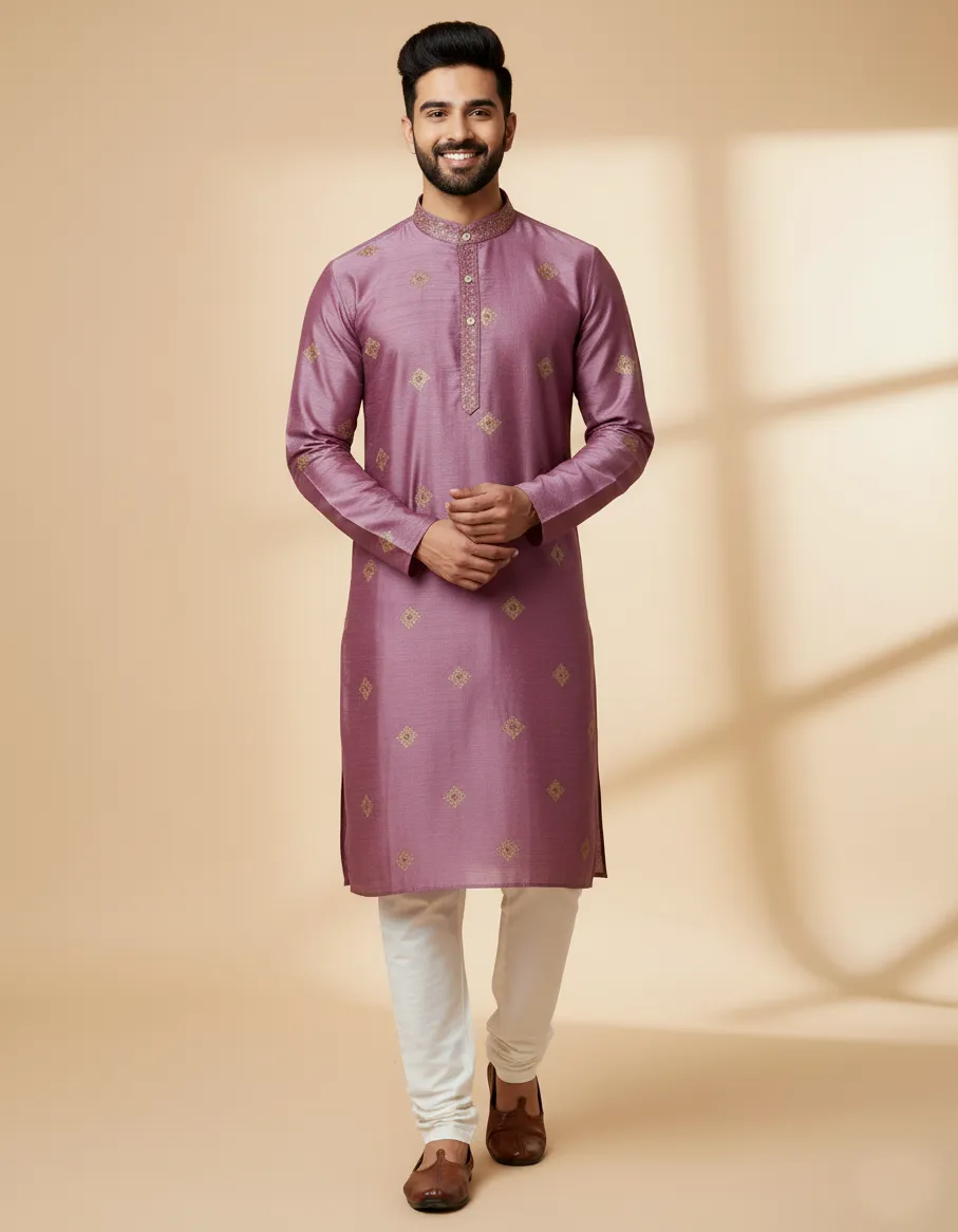 Pink Silk Sequins Embroidered Men's Kurta Set