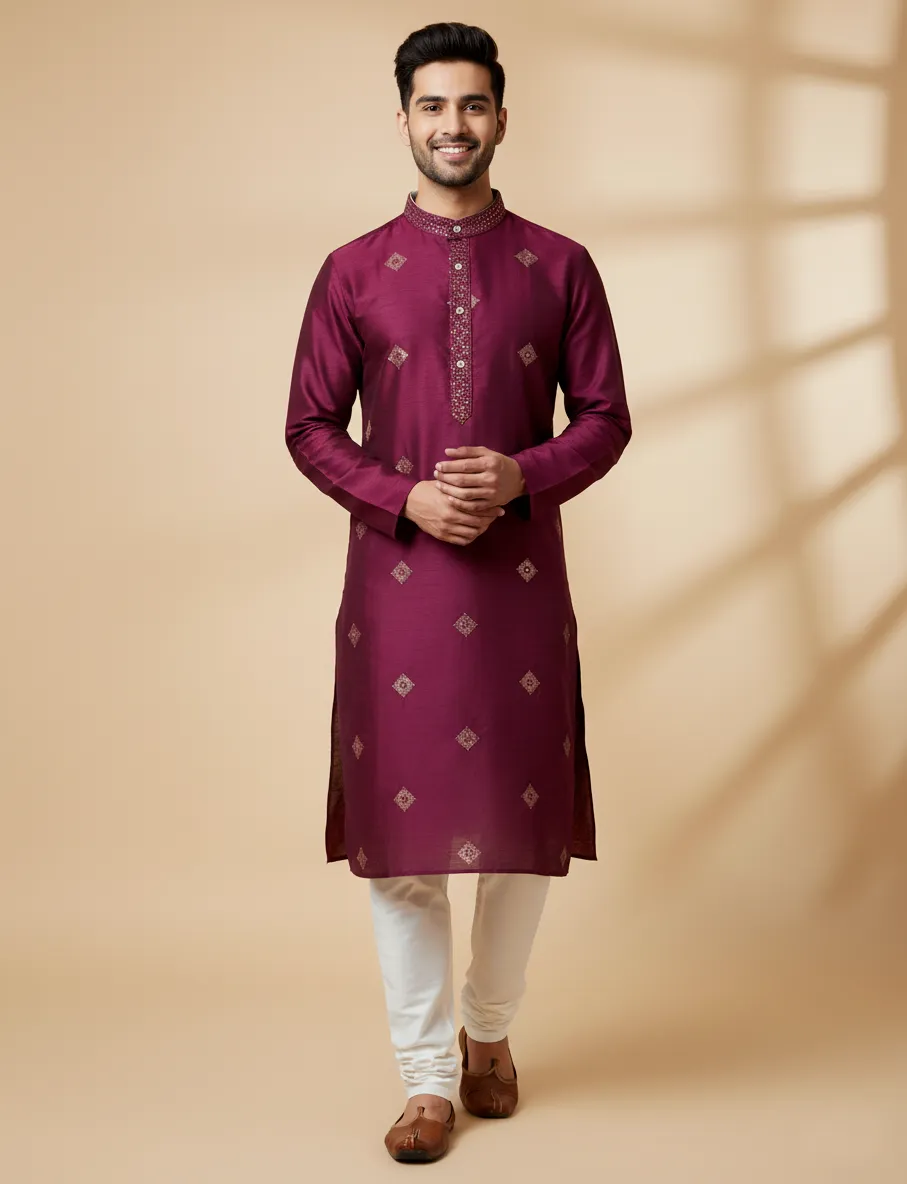 Wine Silk Sequins Embroidered Men's Kurta Set