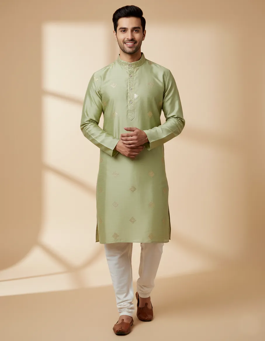 Mint Green Silk Sequins Embroidered Men's Kurta Set