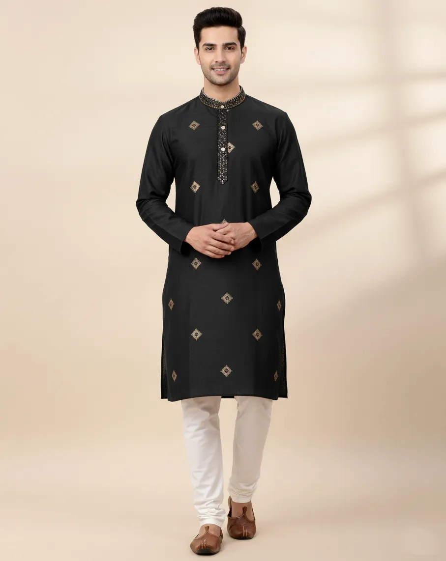 Black Silk Sequins Embroidered Men's Kurta Set