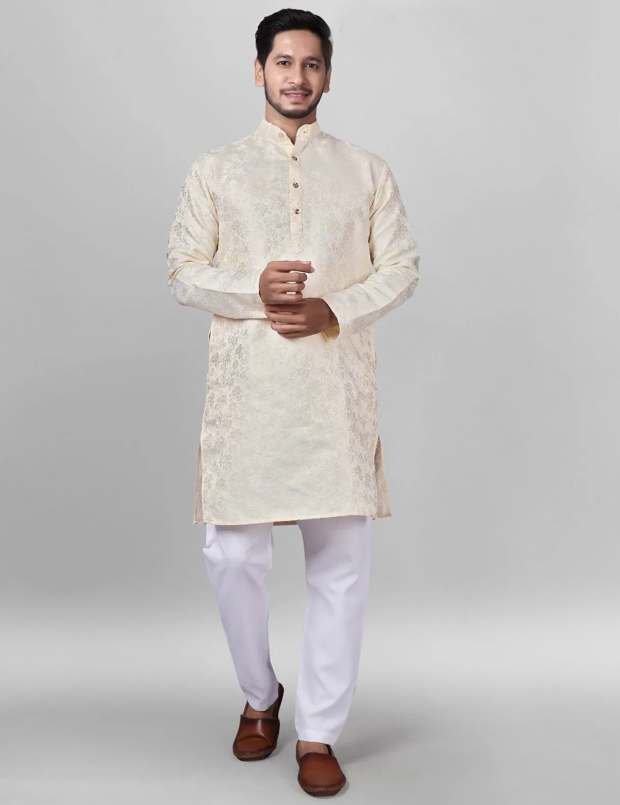 Cream Silk Jacquard Work Men's Kurta Set