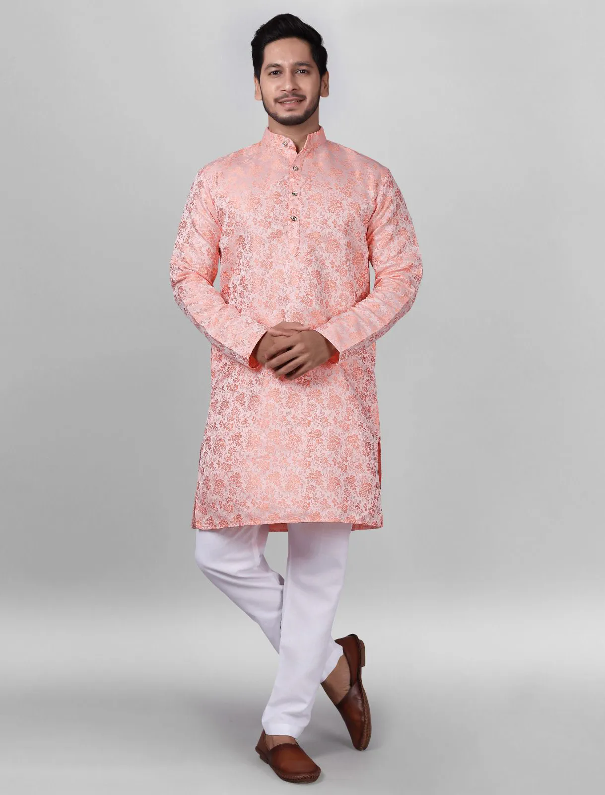 Peach Silk Jacquard Work Men's Kurta Set