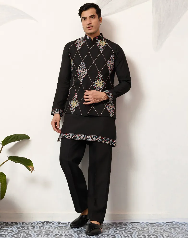 Black Viscose Art Silk Kurta Pajama With Waistcoat Set