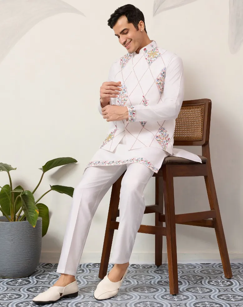 White Viscose Art Silk Kurta Pajama With Waistcoat Set