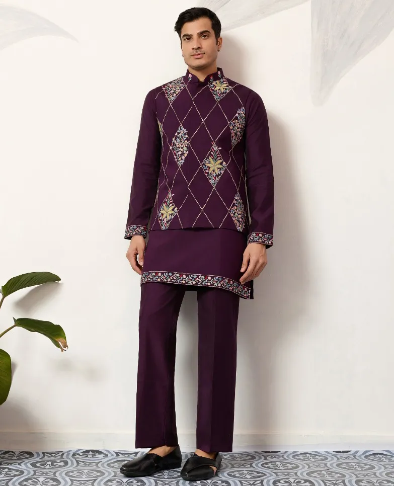Wine Viscose Art Silk Kurta Pajama With Waistcoat Set
