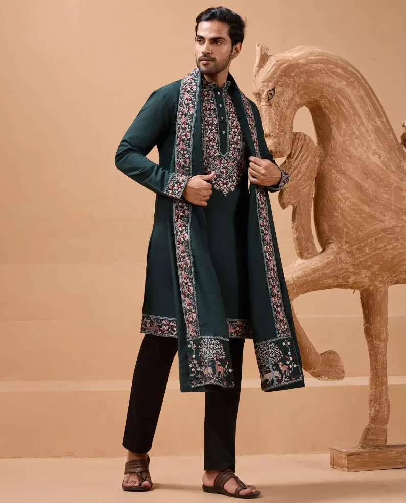 Bottle Green Viscose Silk Embroidered Men's Kurta With Dupatta