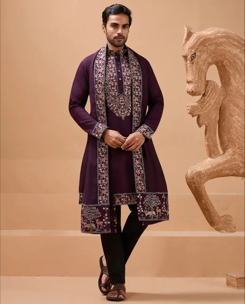 Wine Viscose Silk Embroidered Men's Kurta With Dupatta