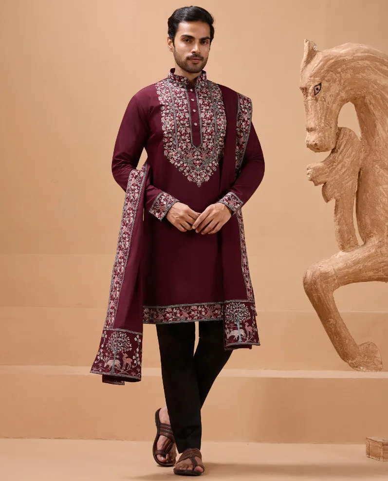 Maroon Viscose Silk Embroidered Men's Kurta With Dupatta