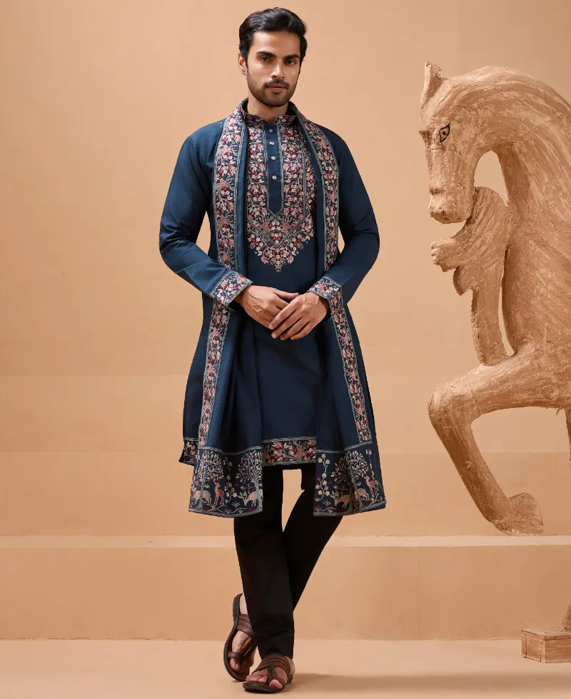 Navy Blue Viscose Silk Embroidered Men's Kurta With Dupatta