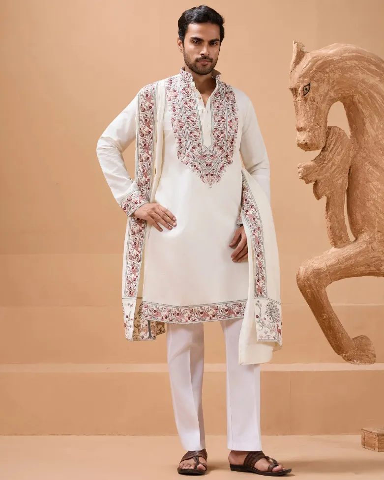 White Viscose Silk Embroidered Men's Kurta With Dupatta
