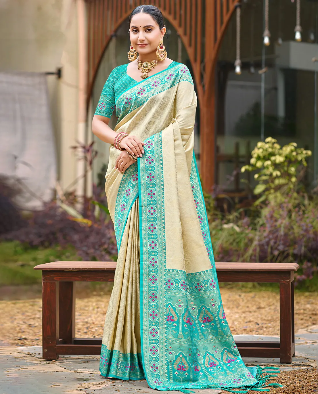 Beige and Sky Blue Silk Handloom Traditional Saree