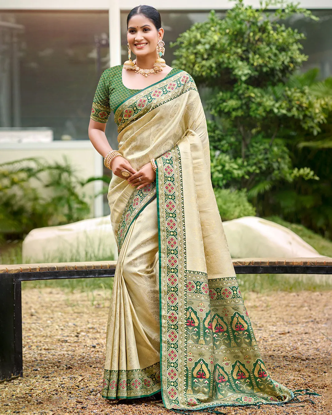Beige and Green Silk Handloom Traditional Saree