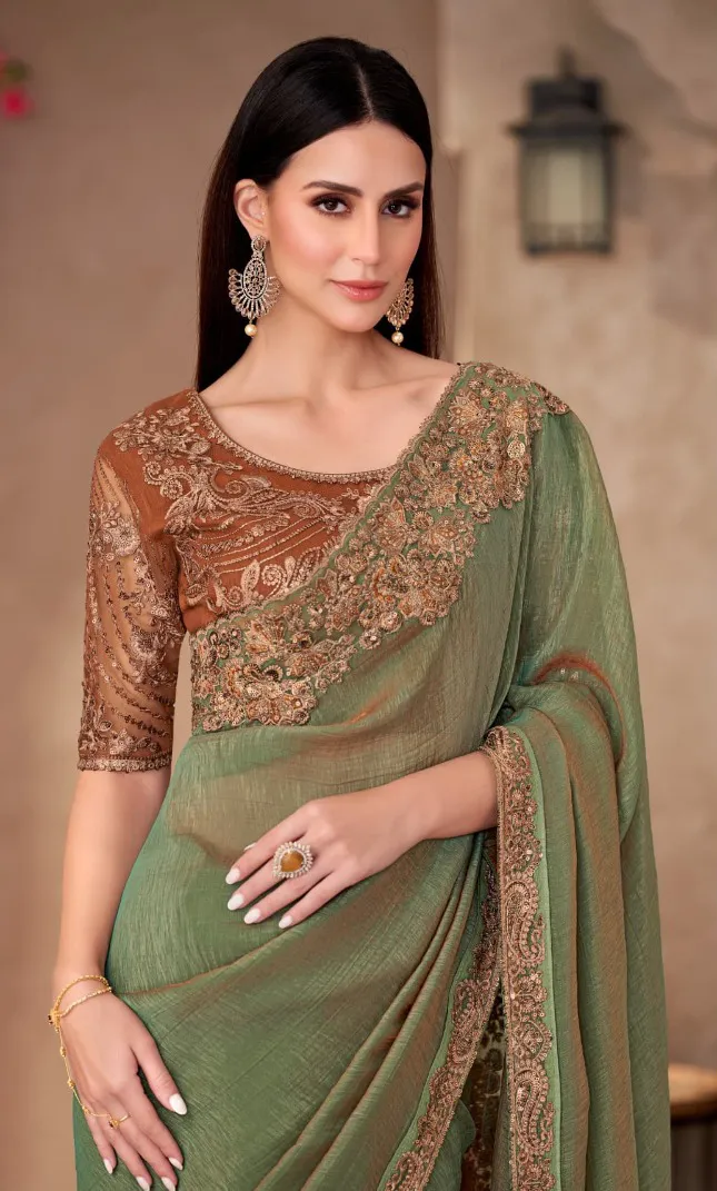 Green Golden Shine Georgette Designer Saree - Image 2