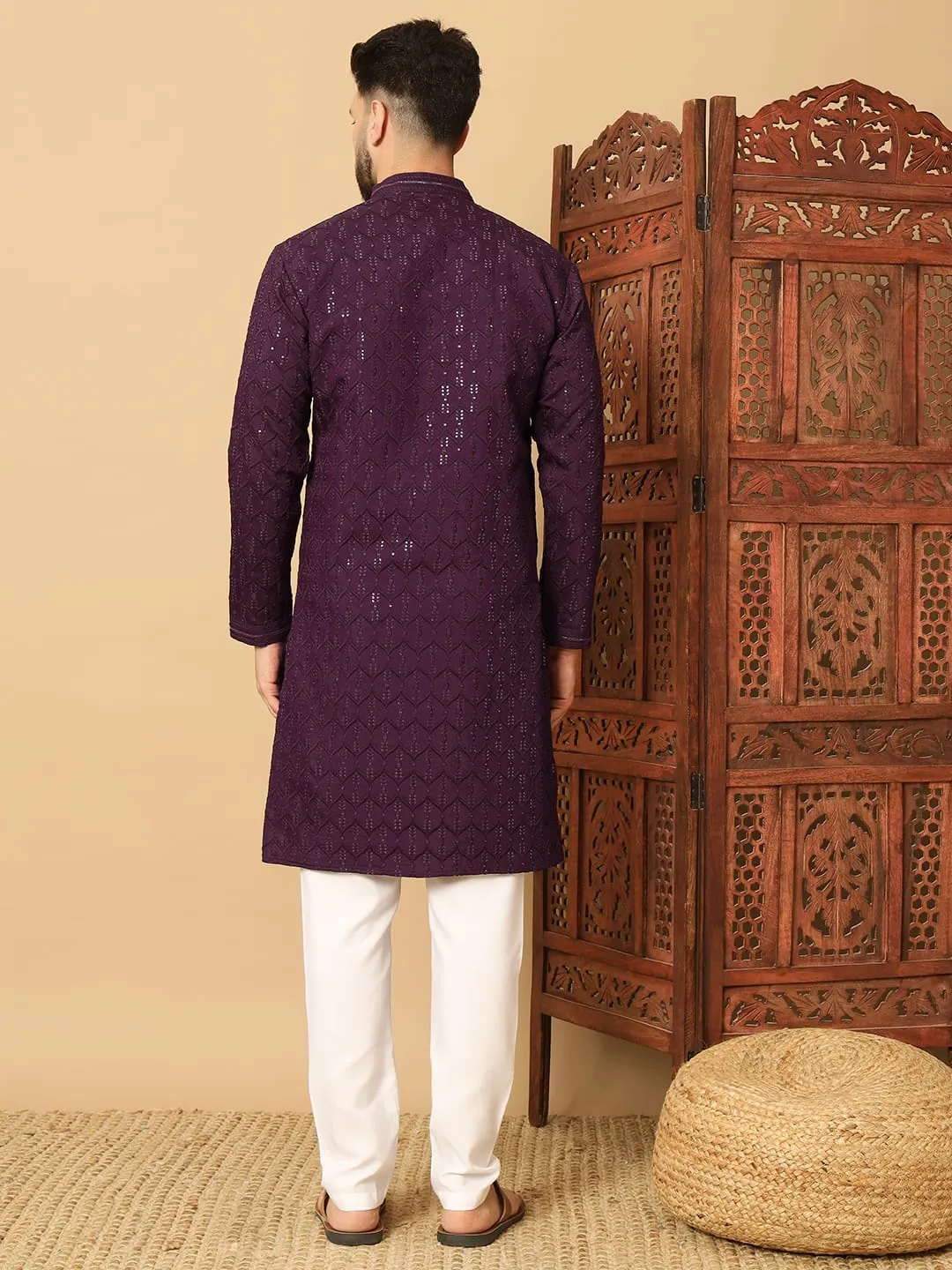 Wine Cotton Blend Sequins Thread Work Men's Kurta Set - Image 4