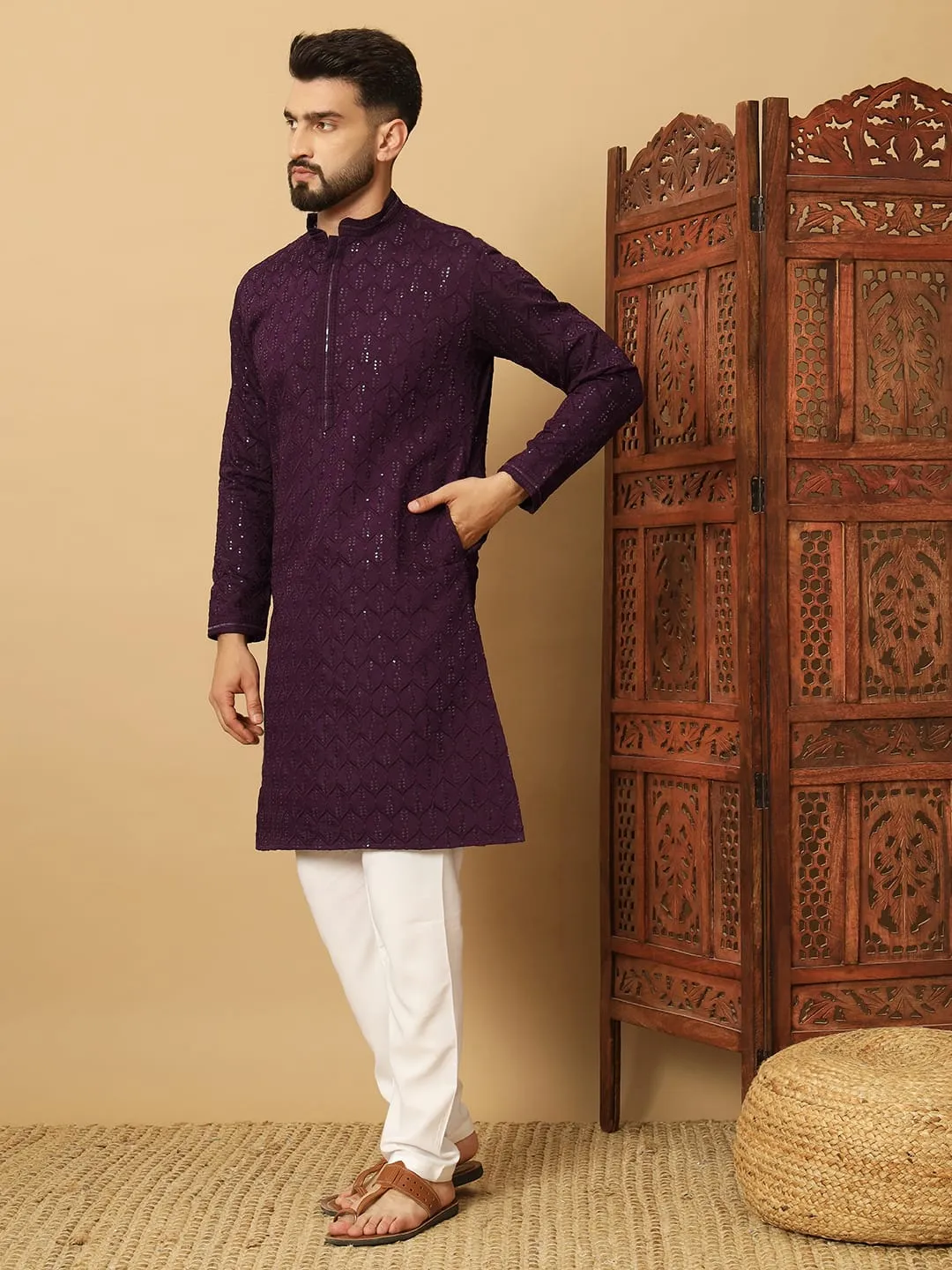 Wine Cotton Blend Sequins Thread Work Men's Kurta Set - Image 3