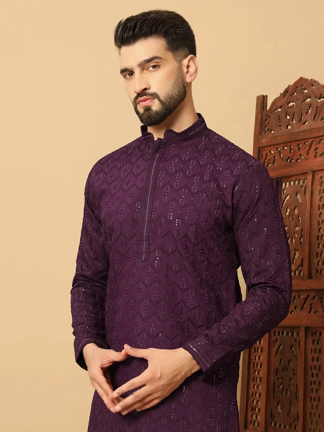 Wine Cotton Blend Sequins Thread Work Men's Kurta Set - Image 5