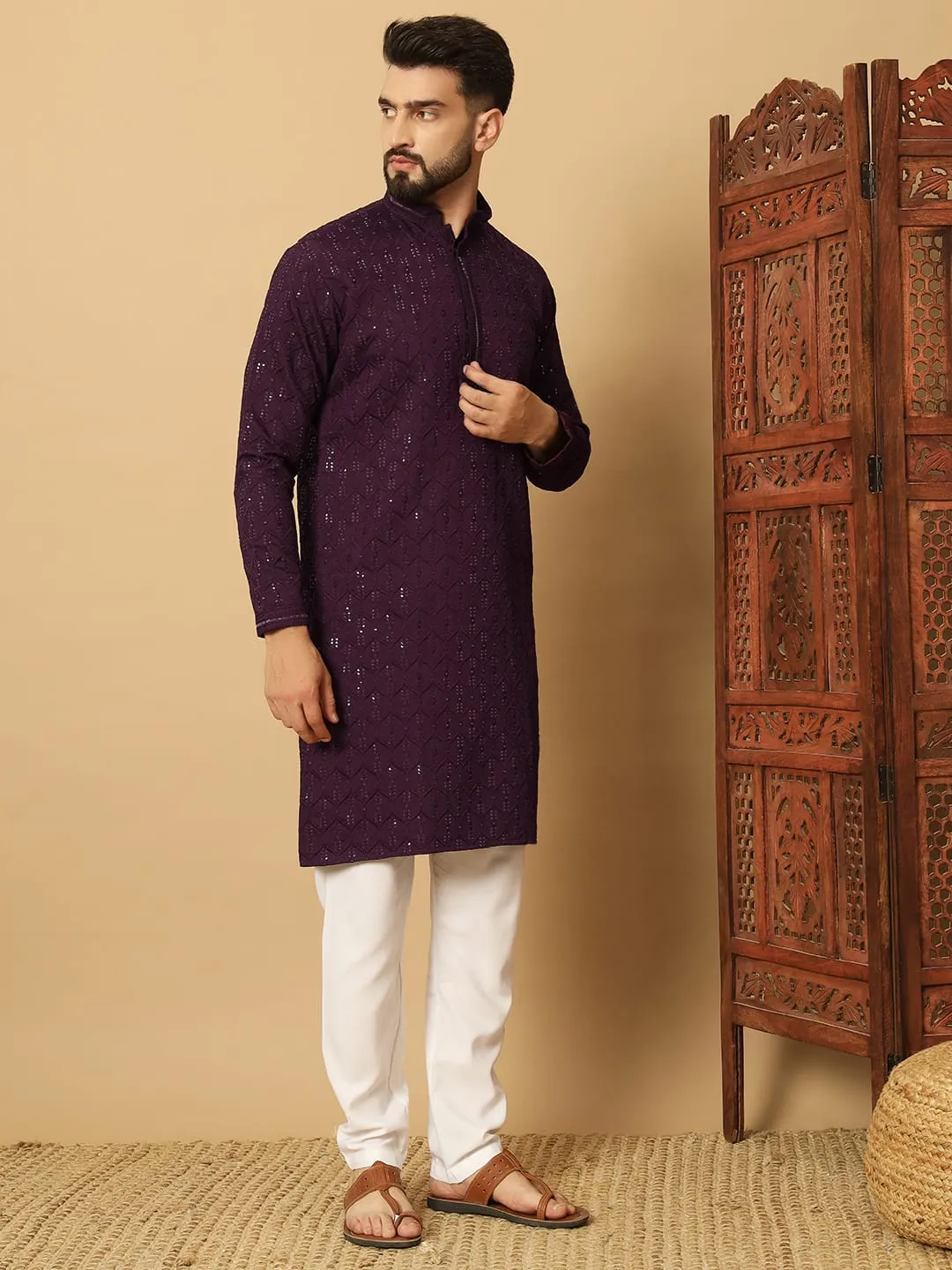 Wine Cotton Blend Sequins Thread Work Men's Kurta Set - Image 2