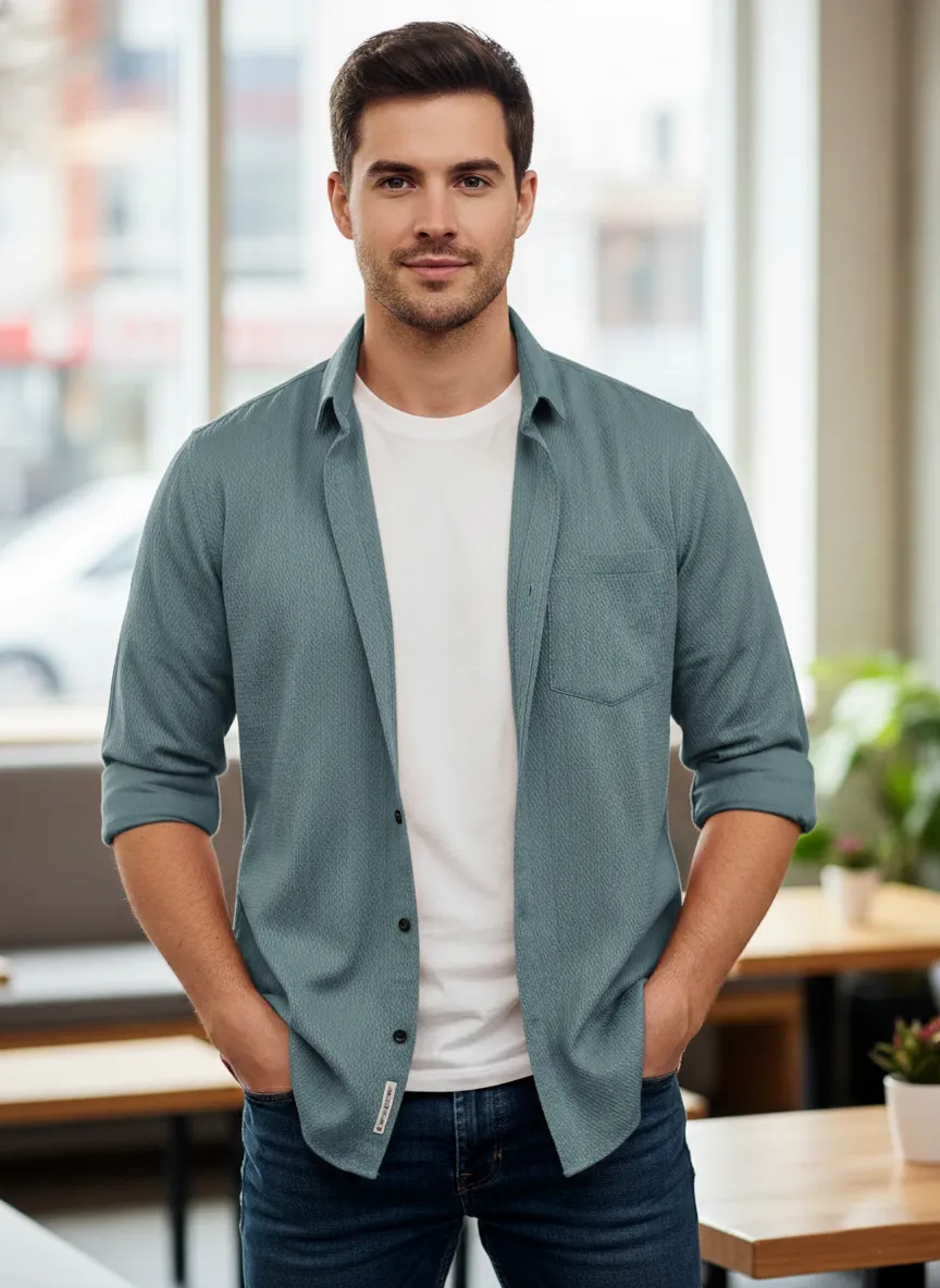 Teal Blue Important Fabric Designer Half-Sleeve Shirt