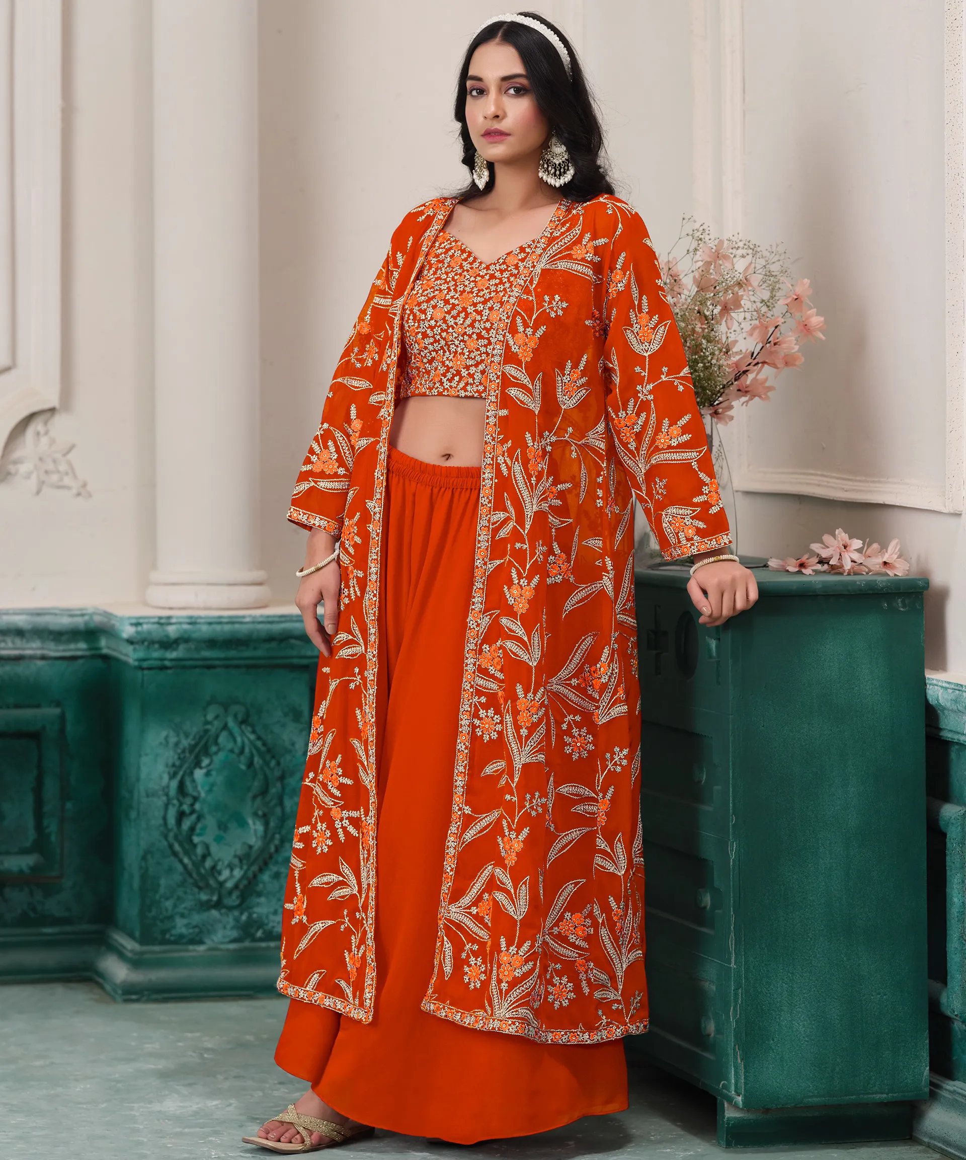 Orange Faux Georgette Embroidered Indo Western Set