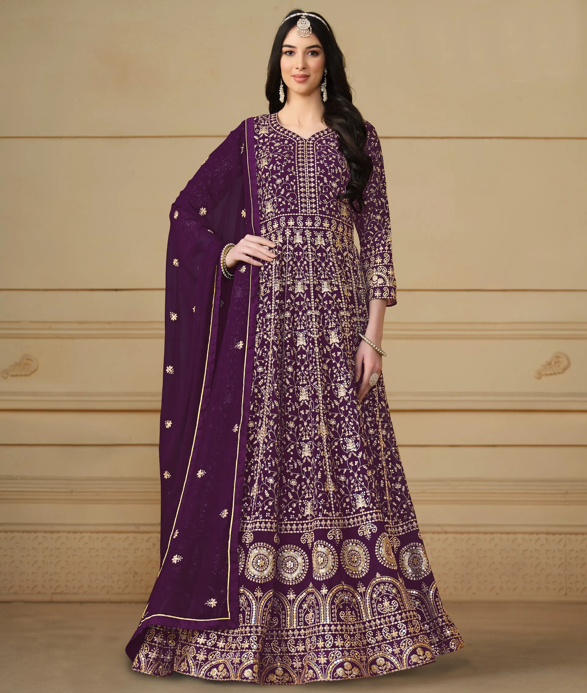 Wine Faux Georgette Heavy Embroidered Anarkali Salwar Suit