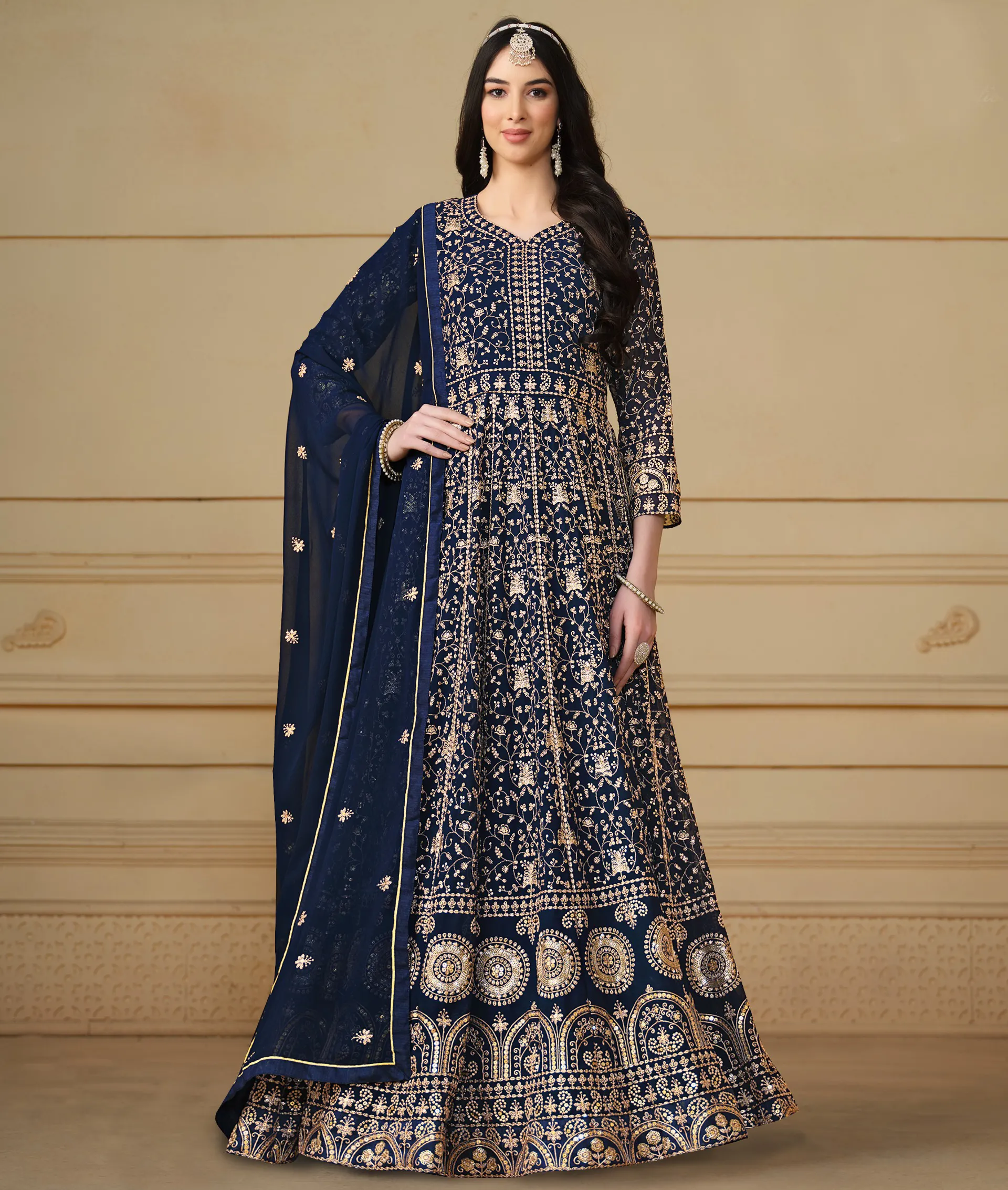 Navy Blue Faux Georgette Heavy Embroidered Anarkali Salwar Suit