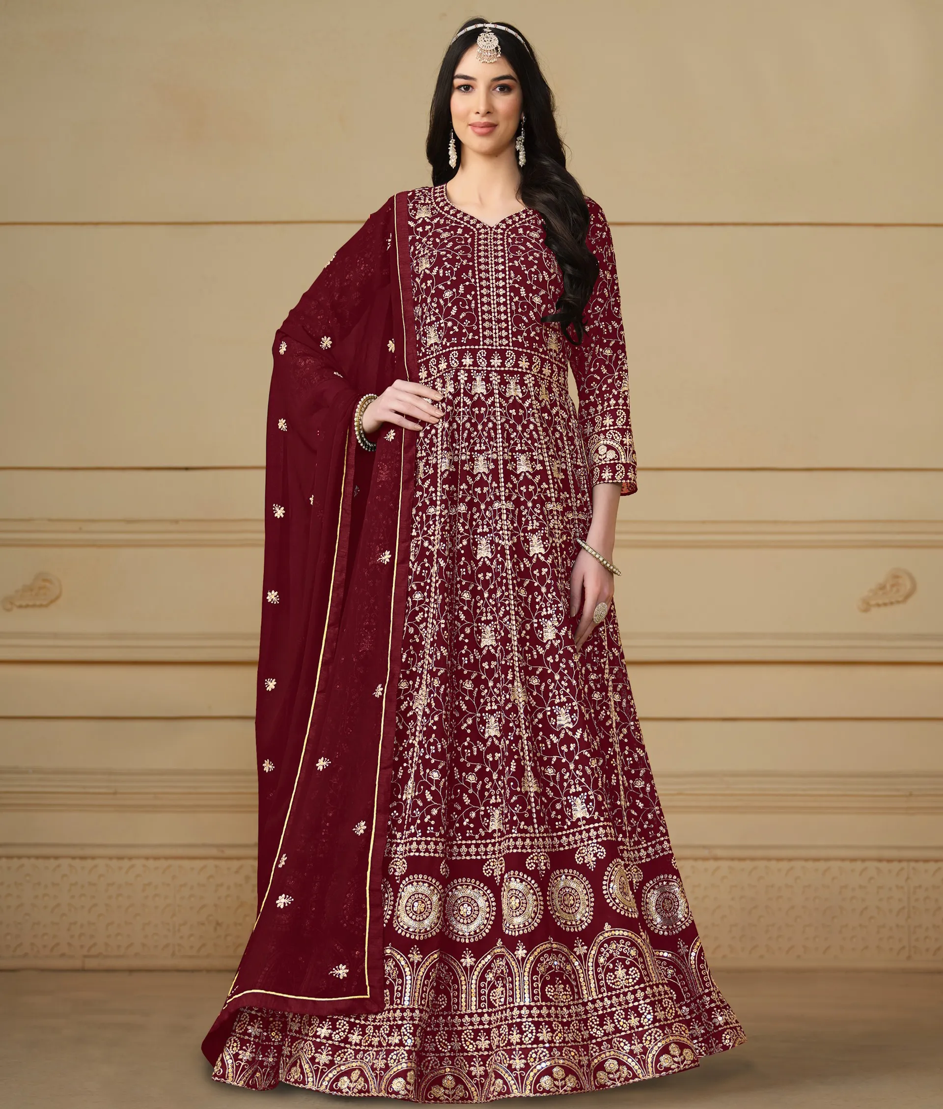 Maroon Faux Georgette Heavy Embroidered Anarkali Salwar Suit