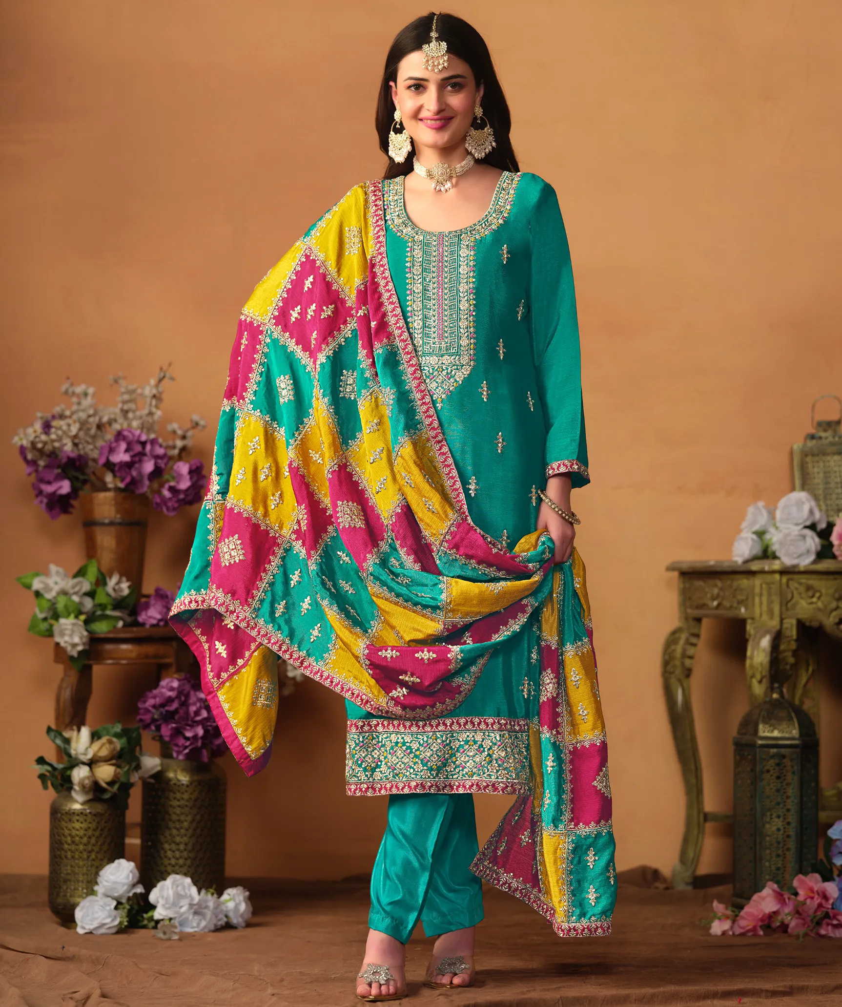 Teal Blue Chinon Silk Embroidered Salwar Kameez