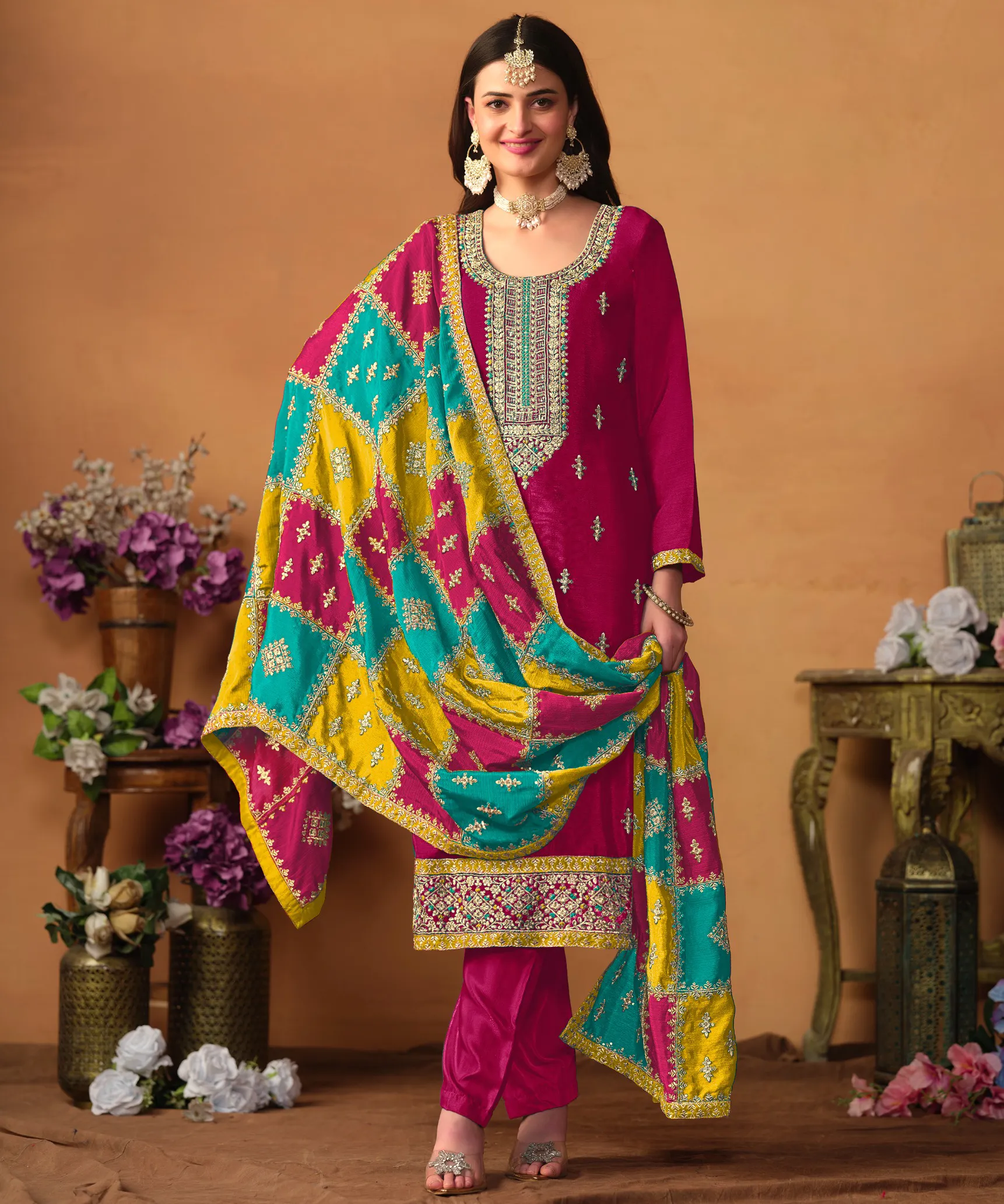 Magenta Chinon Silk Embroidered Salwar Kameez