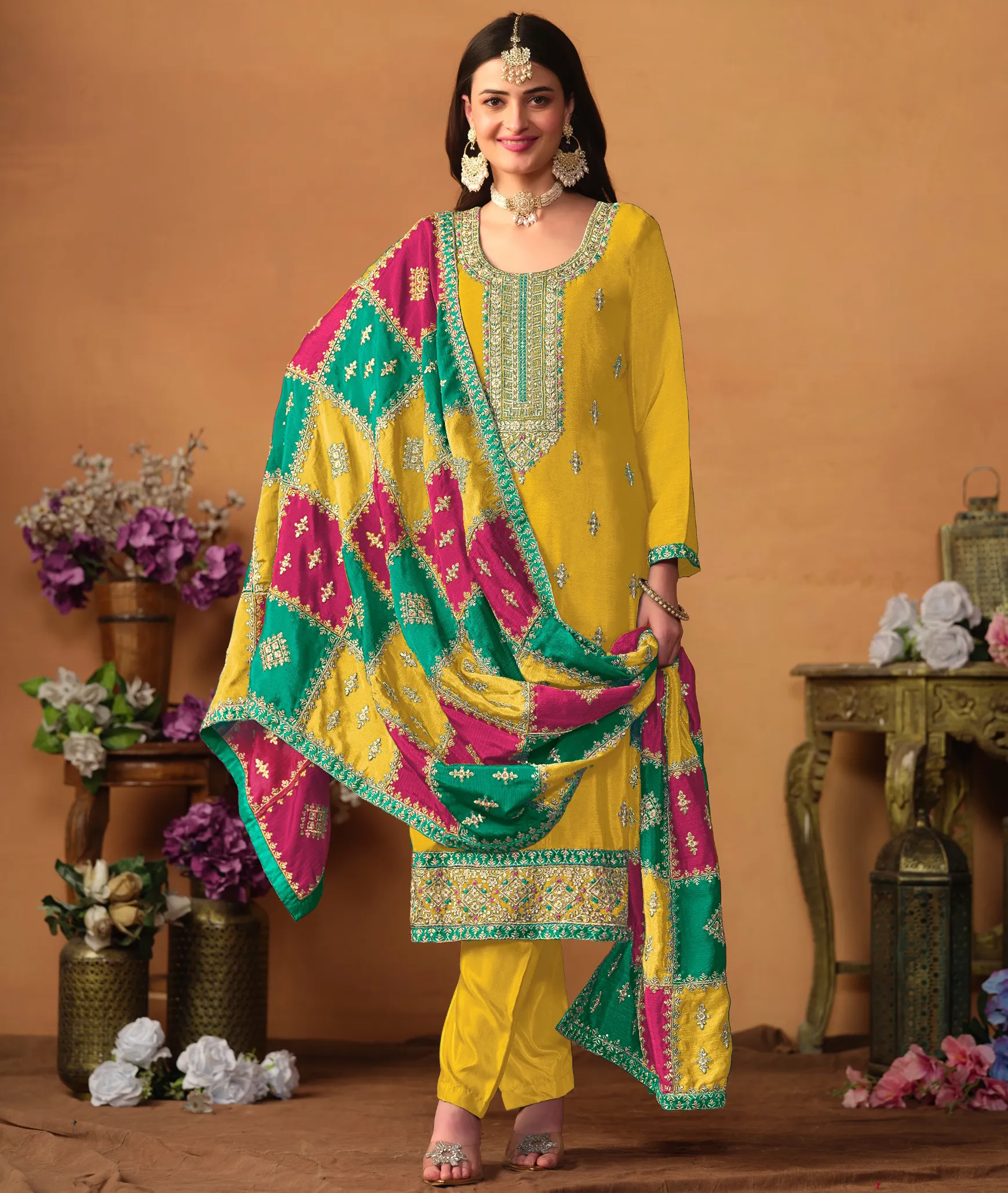 Yellow Chinon Silk Embroidered Salwar Kameez