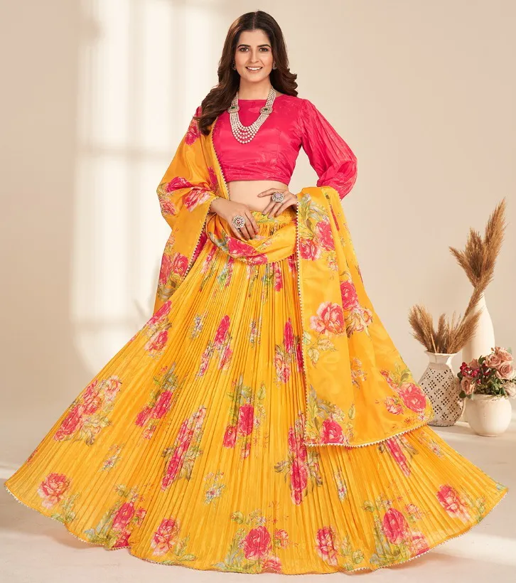 Yellow Pure Organza Digital Printed Readymade Lehenga