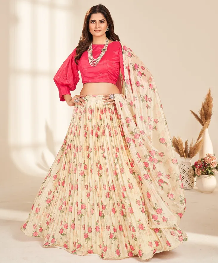Cream Pure Organza Digital Printed Readymade Lehenga