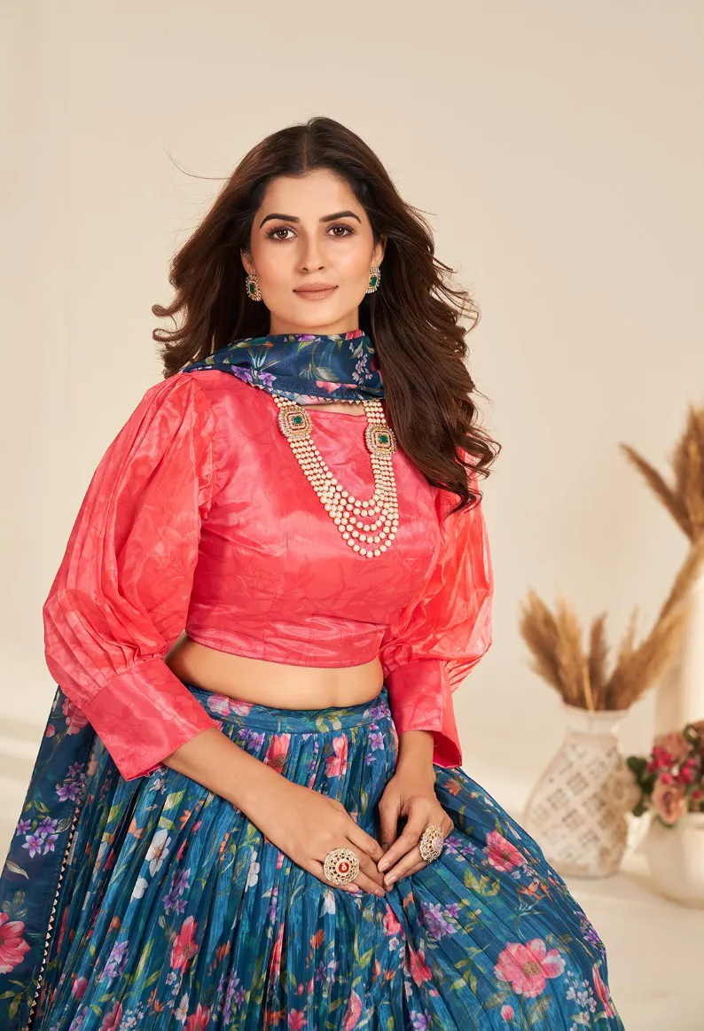 Blue Pure Organza Digital Printed Readymade Lehenga - Image 2