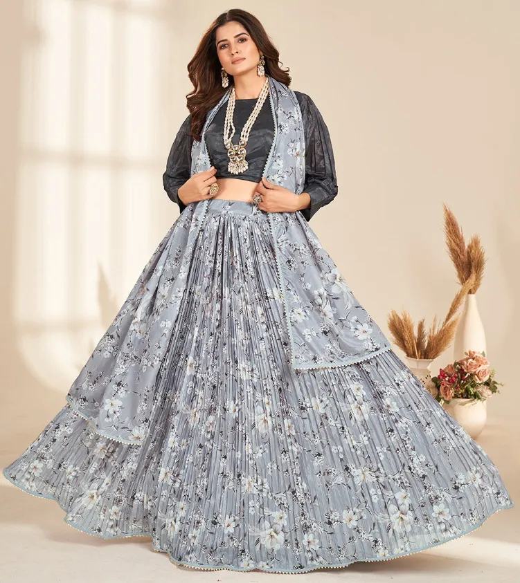 Grey Pure Organza Digital Printed Readymade Lehenga