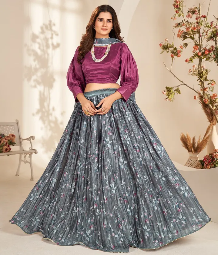 Grey Pure Organza Digital Printed Readymade Lehenga