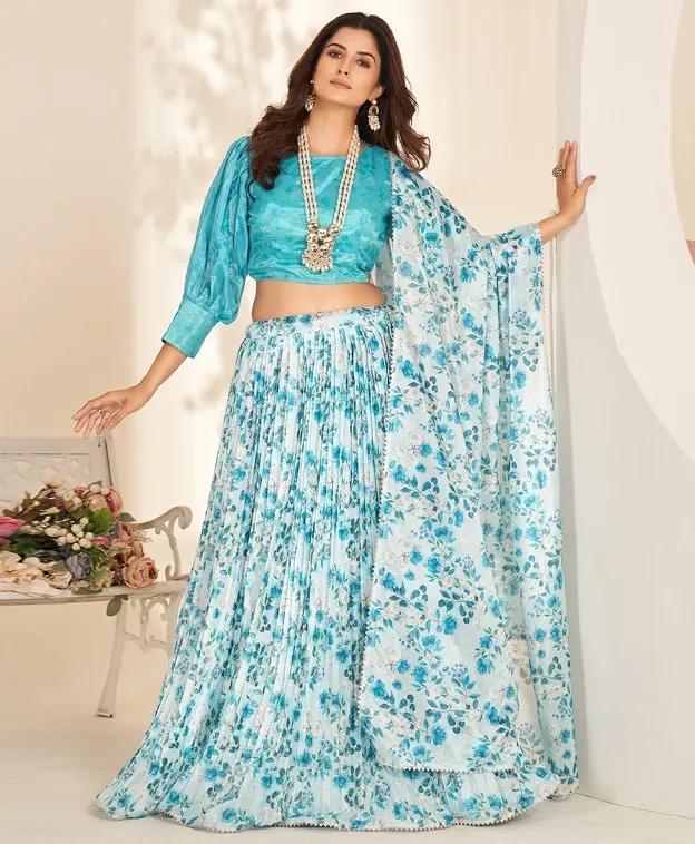 Sky Blue Pure Organza Digital Printed Readymade Lehenga