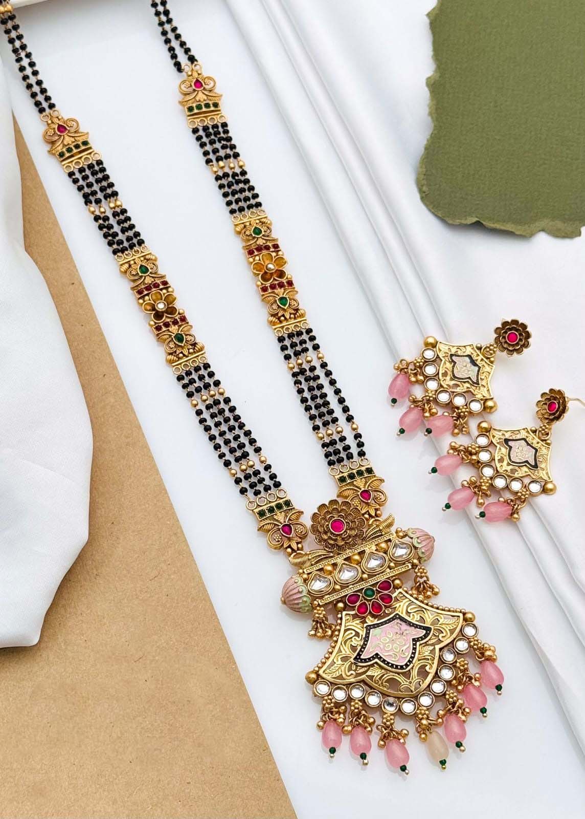Antique Mangalsutra with Floral Meenakari Pendant and Pink Drop Earrings